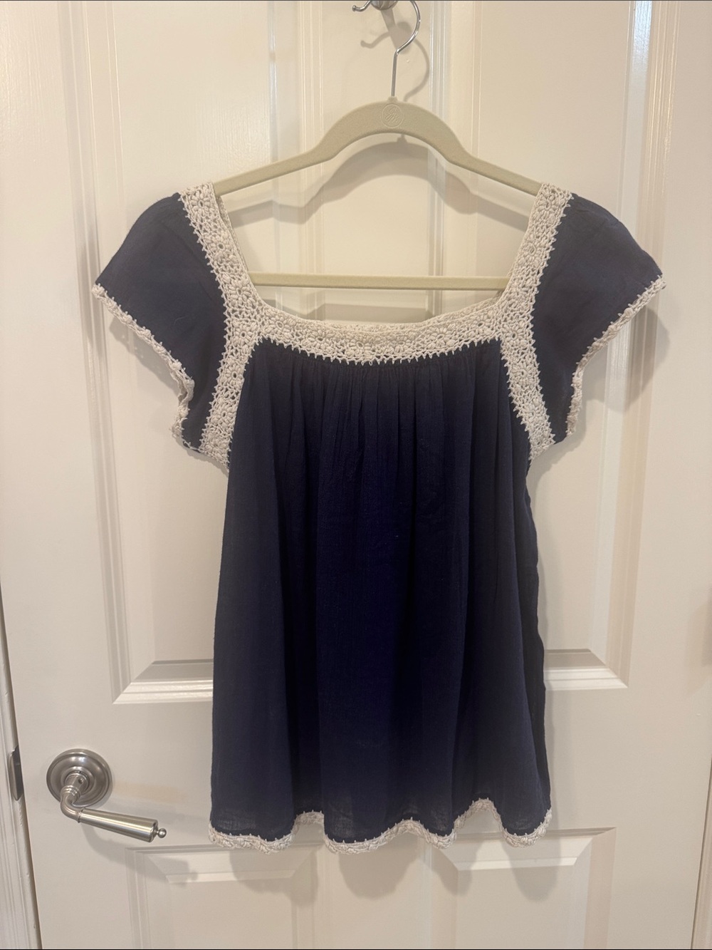 Calypso St. Barth Navy Top with White Crochet Trim